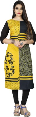 J 2 Fashion Women Printed Straight Kurta(Black, Yellow)
