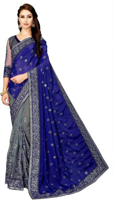 Gymfy Embroidered Bollywood Net Saree(Grey)