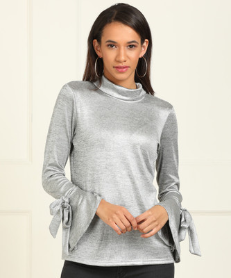 AND Party Bell Sleeve Self Design Women Silver Top