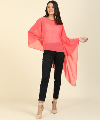 AND Casual Kaftan Sleeve Solid Women Pink Top