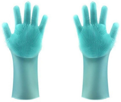 Asha Enterprises Silicone Reusable Gloves With Scrubber cleaning gloves for dust Wet and Dry Glove(Free Size)