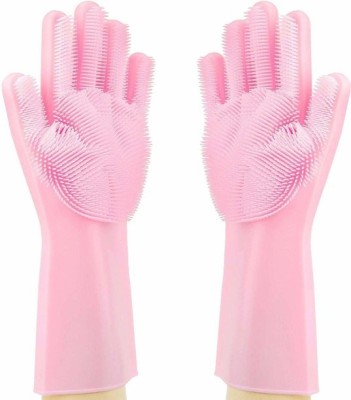 Asha Enterprises Household Silicon Gloves Rubber Dish Washing with Brush Cleaning Scrubber Wet and Dry Glove Set Wet and Dry Glove(Free Size)