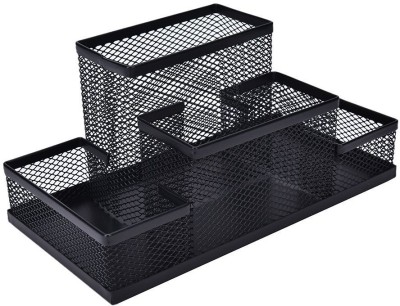 SKYFUN 4 Compartments Metal Mesh Pen,Pencil Stand(Black)