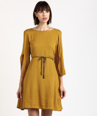 AND Women Fit and Flare Yellow Above Knee/Mid Thigh Length Dress