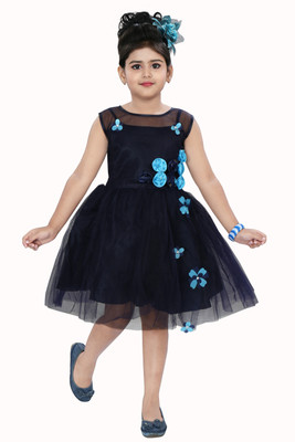 Chandrika Indi Girls Midi/Knee Length Party Dress(Dark Blue, Sleeveless)