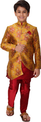 Fourfolds Boys Festive & Party Kurta, Waistcoat and Pyjama Set(Yellow Pack of 1)