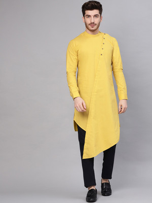 See Designs Men Solid Asymmetric Kurta(Yellow)