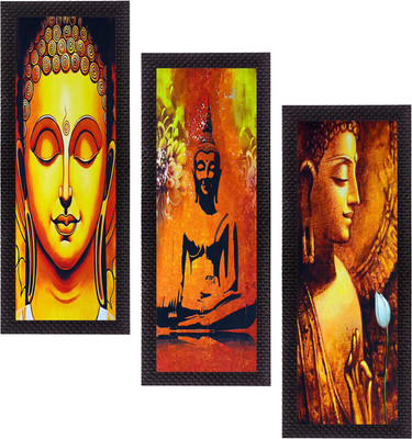 eCraftIndia Set Of 3 Lord Buddha Satin Matt Textured Canvas 40.64 cm x 17.78 cm Painting(With Frame, Pack of 3)