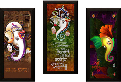 saf Ganesha set of 3 Ink 16 inch x 7 inch Painting(With Frame, Pack of 3)