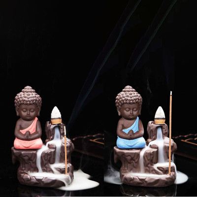 Craft Junction Handcrafted Meditating Little baby Monk Buddha Smoke Backflow Cone Incense Holder With 20 Incense Cones Decorative Showpiece - 12 cm(Polyresin, Red, Blue)
