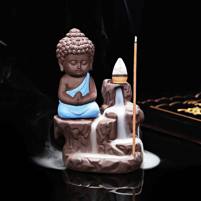Craft Junction Handcrafted Meditating Little baby Monk Buddha Smoke Backflow Cone Incense Holder Decorative Showpiece - 12 cm(Polyresin, Blue)