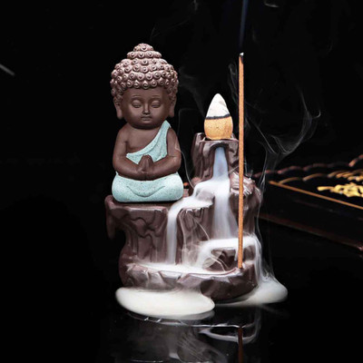 Craft Junction Handcrafted Meditating Little baby Monk Buddha Smoke Backflow Cone Incense Holder With 10 Sticks Decorative Showpiece  -  12 cm(Polyresin, Multicolor)