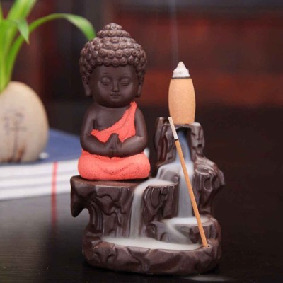 Craft Junction Handcrafted Meditating Little baby Monk Buddha Smoke Backflow Cone Incense Holder With 10 Incense Cones Decorative Showpiece  -  12 cm(Polyresin, Red)