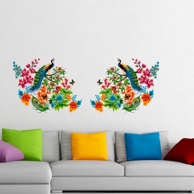 Aquire 55 cm Wall Stickers Peacock Birds on Colourful Branch Leaves Wall Design Sofa Background Vinyl Self Adhesive Sticker(Pack of 1)