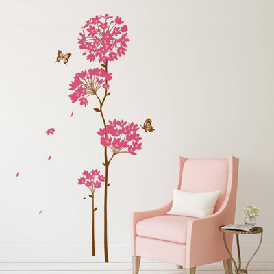 Aquire 160 Wall Stickers Flowers Pink Dandelion Large Size Vinyl Wall Decal for Home Self Adhesive Sticker(Pack of 1)
