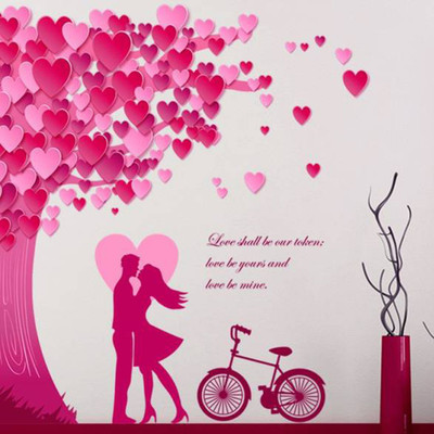 Aquire 105 cm Wall Stickers Romantic Couple Bedroom Decor Valentines Day Under the Heart Leaves Tree and Love Quote with Bicycle Self Adhesive Sticker(Pack of 1)