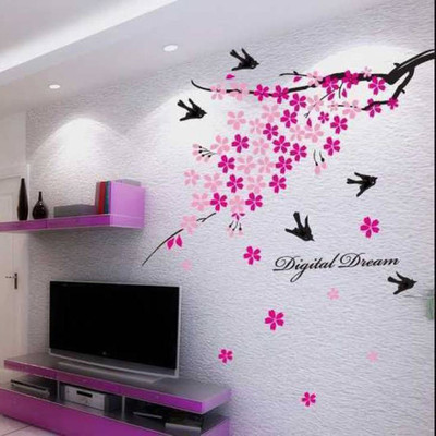 Aquire Wall with Pink Flowers & Branch Self Adhesive Sticker(Pack of 1)