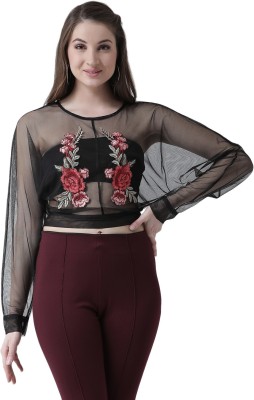 KASSUALLY Casual Balloon Sleeve Embroidered Women Black Top