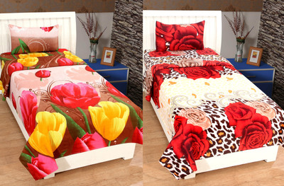 MANISHPANDEY 144 TC Microfiber Single Abstract Flat Bedsheet(Pack of 2, Red, Yellow)