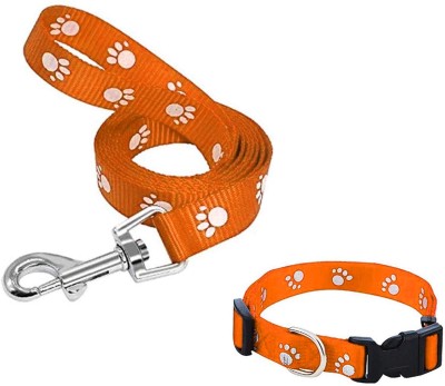 Jainsons Pet Products Paw Print Dog Puppy Nylon Leash Collar Set Combo for Small Breed Dog, Puppy Leash Collar Set 140 cm Dog Strap Leash(Orange)