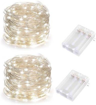 MANSAA 5 Meter 50 LEDs Battery Operated String Lights for Home Decoration 50 LEDs 5 m Silver, White Steady Water Drop Rice Lights(Pack of 2)