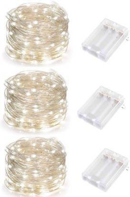 MANSAA 5 Meter 50 LEDs Battery Operated String Lights for Home Decoration 50 LEDs 5 m Silver, White Steady Water Drop Rice Lights(Pack of 3)