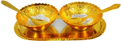 ME&YOU Special Diwali Gifts Silver and Gold Plated Floral Shaped Set of 2 Brass Bowls (Capacity-150 ml), 2 Spoons and 1 Tray, Serving Set IZ18BowlGoldenLotus-003 Bowl, Spoon, Tray Serving Set(Pack of 5)