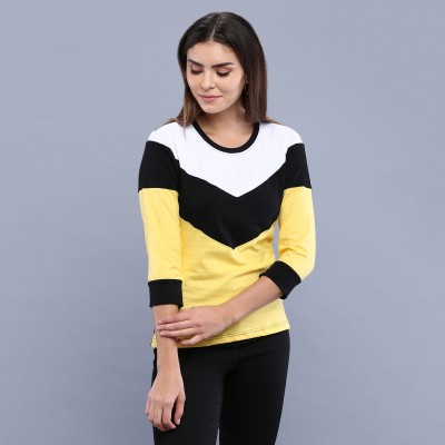 PRETTE Colorblock Women Round Neck White, Black, Yellow T-Shirt