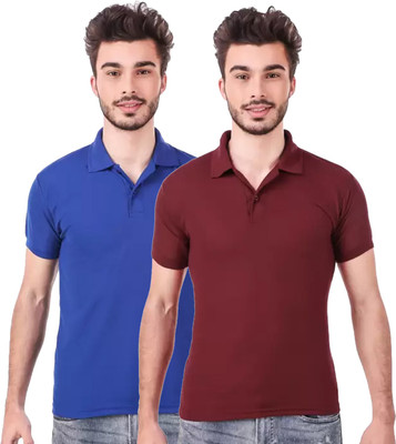 KEOTI Self Design, Solid Men Polo Neck Blue, Maroon T-Shirt