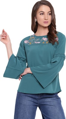 MAYRA Party Bell Sleeve Embroidered Women Light Blue Top