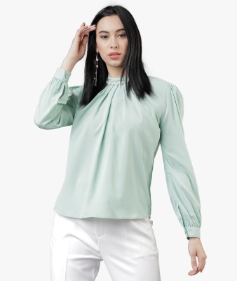 Tokyo Talkies Casual Cuffed Sleeve Solid Women Light Green Top