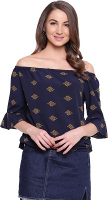 MAYRA Party Bell Sleeve Printed Women Dark Blue Top