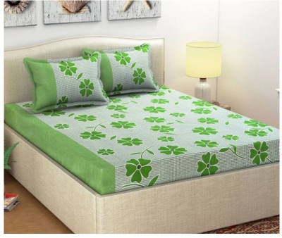 Panipat Textile Hub Microfiber Double Fitted & Flat 160 TC 3D Printed Bedsheet(Pack of 1, Green)