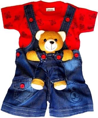 LITTLE PANDA Baby Boys & Baby Girls Party(Festive) Dungaree T-shirt(Red)