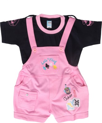 Roble Dungaree For Boys & Girls Casual Embroidered Cotton Blend(Pink, Pack of 1)