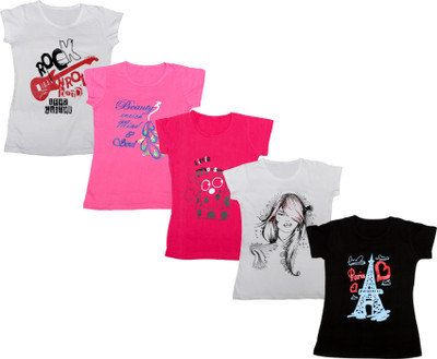 Indistar Girls Printed Cotton Blend Regular, Slim T Shirt(Black, Pack of 5)