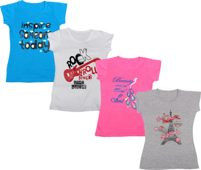 Indistar Girls Printed Cotton Blend Regular T Shirt(Multicolor, Pack of 4)