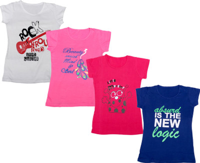 Indistar Girls Printed Cotton Blend Regular, Slim T Shirt(Blue, Pack of 4)