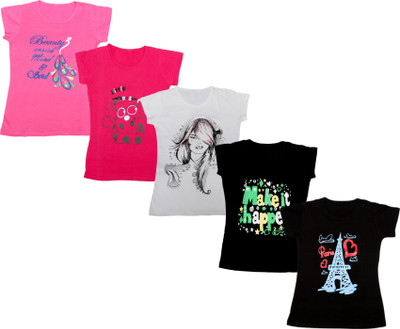 Indistar Girls Printed Cotton Blend Regular T Shirt(Black, Pack of 5)