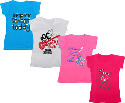 IndiWeaves Girls Printed Cotton Blend Regular T Shirt(Pink, Pack of 4)