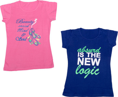Indistar Girls Printed Cotton Blend Regular T Shirt(Blue, Pack of 2)