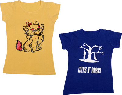 Indistar Girls Printed Cotton Blend Regular T Shirt(Blue, Pack of 2)