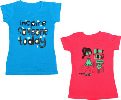 IndiWeaves Girls Printed Cotton Blend Regular T Shirt(Blue, Pack of 2)