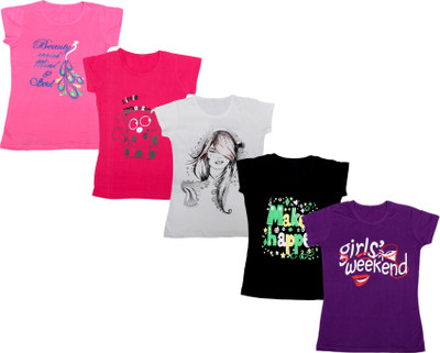 Indistar Girls Printed Cotton Blend Regular T Shirt(Multicolor, Pack of 5)