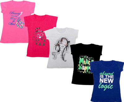 Indistar Girls Printed Cotton Blend Regular T Shirt(Multicolor, Pack of 5)