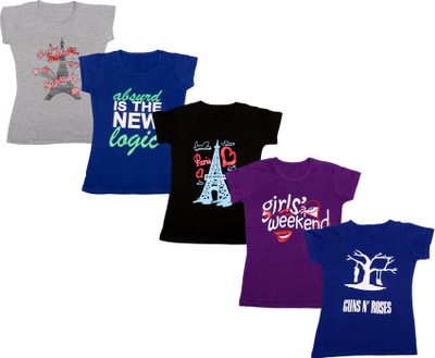 Indistar Girls Printed Cotton Blend Regular T Shirt(Blue, Pack of 5)