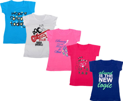 IndiWeaves Girls Printed Cotton Blend Regular, Slim T Shirt(Blue, Pack of 5)