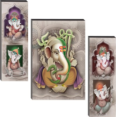 Masstone Lord Ganesha Religious HD 3 Piece MDF Painting Digital Reprint 18 inch x 24 inch Painting(With Frame, Pack of 3)