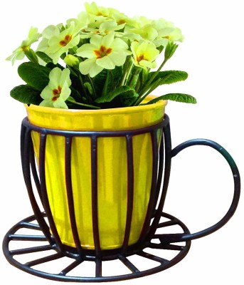 TrustBasket Coffee Cup Table Top Pot with Holder - Yellow Plant Container Set(Metal)