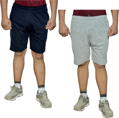 Indistar Solid, Self Design Men Dark Blue, Grey Regular Shorts